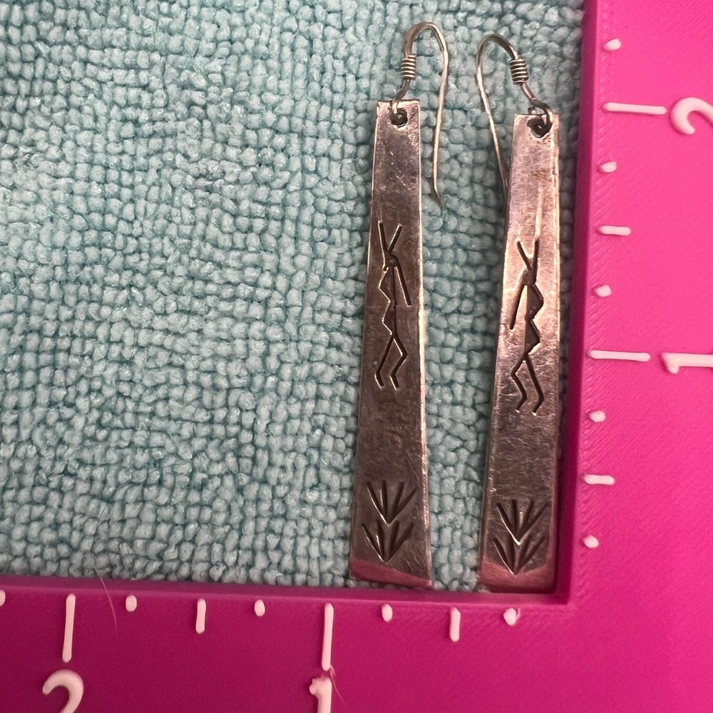 Vintage Sterling Silver Southwestern Earrings Dangle Kokopelli Sprout Symbols - Picture 7 of 9